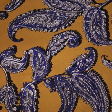 Viskose-Satin Blaues Paisley auf Ocker