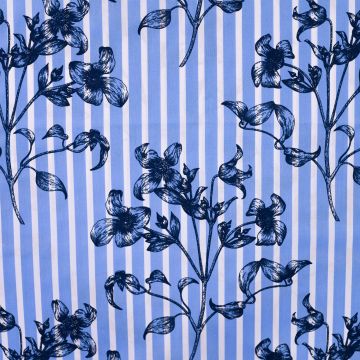 Baumwoll-Elastan-Stoff mit Streifen und Blumenmuster in Marineblau