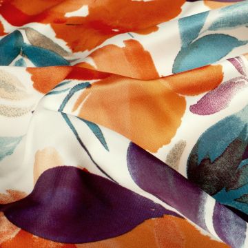 Bedruckter Satin Stoff Blumen Orange