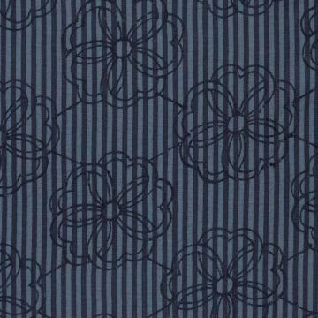 Viskose-Streifenstoff mit Blumenstickerei Blau