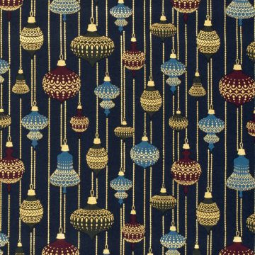 Baumwoll-Popeline Stoff mit Druck und Folienapplikation Weihnachtskugeln Marine