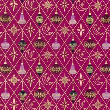 Baumwoll-Popeline Stoff mit Druck und Folienakzent Weihnachtskugeln Magenta