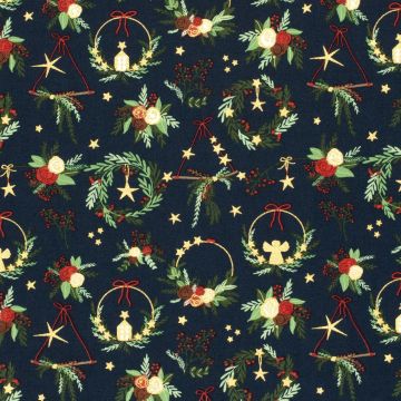 Baumwoll-Popeline mit Druck und Folienprint Weihnachten Marine