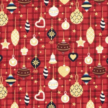 Baumwoll-Popeline bedruckt mit Folie Weihnachtskugeln Rot